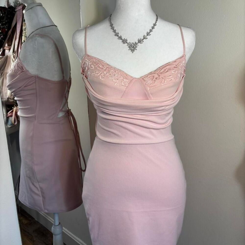Windsor Baby Pink Lace Bustier Lace-Up Back Mini Dress | Size S | NWT
